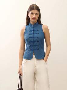 Nöista Sleeveless Top With Buttons And Front Opening - Dusty Blue - View 3