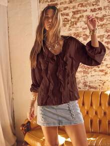 Aralina Ruffled V-Neck Long Sleeve Front Tie Blouse - Burgundy - View 7