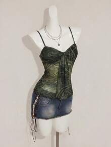 SHEIN ICON 女款佩斯利印花 Y2K 復古抓皺細肩帶背心上衣 - 軍綠色 - 查看 7