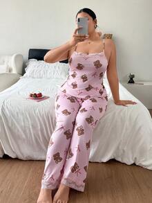 Napfluff CURVE Napfluff CURVE Light Pink Bear Print Camisole Pants Pajama Set, Lace Trim Spaghetti Strap Long Pants Sweet Girl Home Wear 2 Pieces Set Night Summer - Pink - View 4