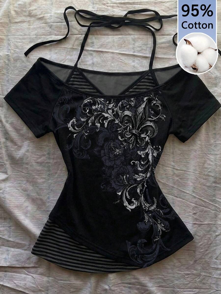 Attitoon Casual Street Dark Style Black Scroll Pattern Positioned Print 95% Cotton Contrast Black & Gray Striped Women's 2 In 1 T-Shirt Suitable For Spring/Summer - Multicolor - View 1