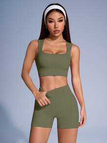 SHEIN Sovereign Charm 女款素色羅紋運動背心與短褲套裝 - 橄欖綠 - 查看 5