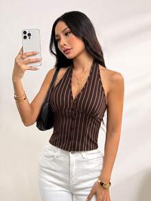 SHEIN PETITE 女款棉質條紋立領單排扣馬甲薄款西裝外套 秋冬款 - 棕色 - 查看 7