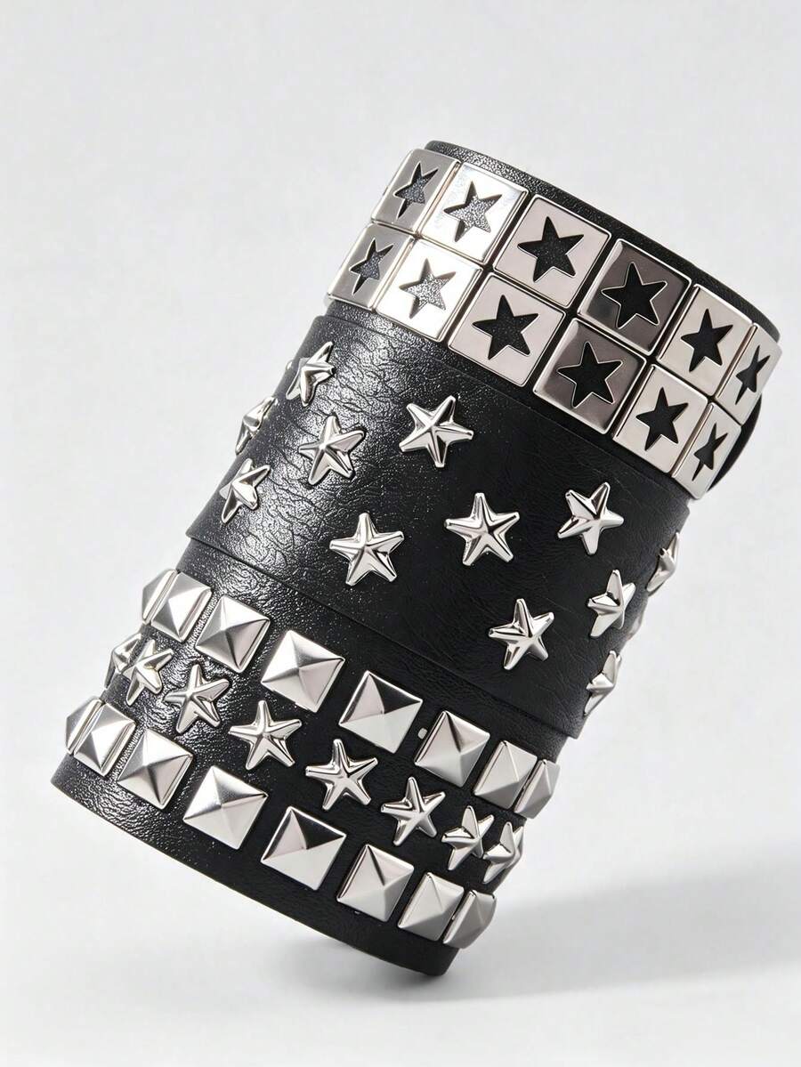 ROMWE Gothic Leather Bracelet Set, Suitable For Men And Women, Pentagram Stackable, Y2K Punk Rock Style Jewelry Music Festival Women's Accessories - Black 6 - View 1