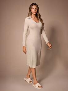 Lazeform Solid Color Knitted Long Sleeve V-Neck Fitted Nightgown, Wearable As Loungewear Dress - Apricot - View 4