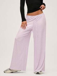 SHEIN BASICS Casual Y2k Knitted Pink And White Striped Low Waist Baggy Wide Leg Floor Length Pants For Women Autumn Clothes Lounge - Pink - View 4