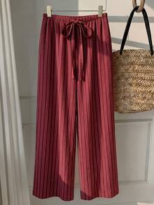 SHEIN EZwear 女款休閒腰部綁帶直筒長褲，適合夏季 - 紅色 - 查看 4