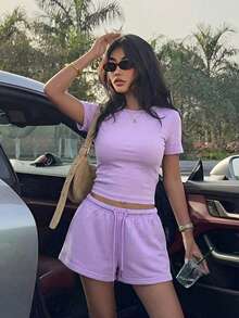 Muchica 淡紫色针织修身女士圆领短袖上衣和短裤家居服套装 - 紫丁香色 - 查看 5