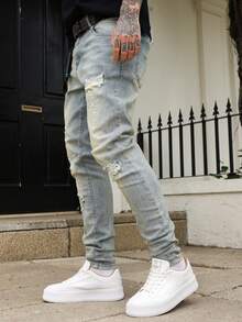 QuarKem Men's Casual Ripped Pocket Street Wear Denim Jeans - Light Wash - View 5