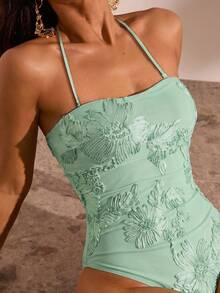 Opulessa Solid Color Knit Fitted Halter Neck One-Piece Swimsuit For Women - Mint Green - View 8