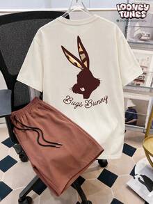 LOONEY TUNES X SHEIN Manfinity Joysei 男士卡通印花圓領短袖T恤與抽繩腰口袋短褲套裝 - 棕色 - 查看 1