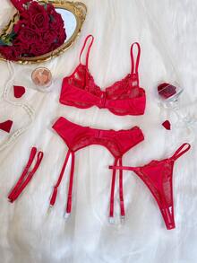 Seduluxe Women's Sexy Lace Lingerie Set 4pcs - Red - View 2