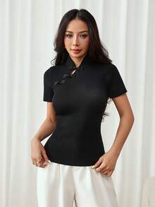 SHEIN PETITE Chinese Style Elegant Fashion Knitted Women's Top, Frog Button Decor, Versatile Black Summer Style - Black - View 1