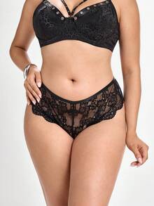 Slumbrini Plus Size Lace String Panties With Heart-Shaped Rhinestones Lingerie - Black - View 3