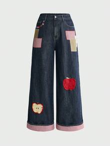 ROMWE Y2K Millennium Vintage Plaid Apple Patch Embroidery Loose Casual Low Waist Plus Size Women's Jeans - Dark Wash - View 1