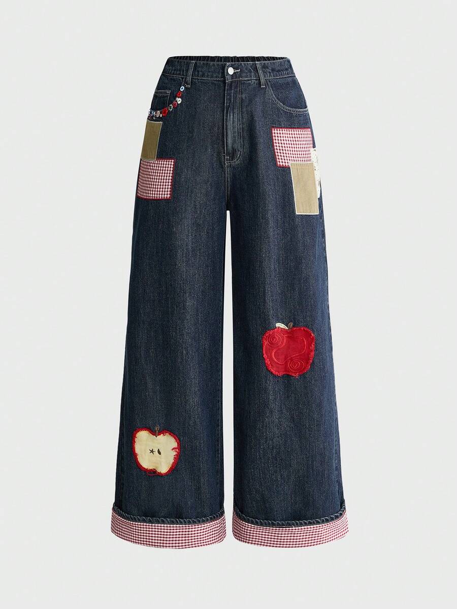 ROMWE Y2K Millennium Vintage Plaid Apple Patch Embroidery Loose Casual Low Waist Plus Size Women's Jeans - Dark Wash - View 1