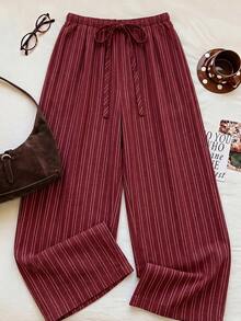 SHEIN EZwear 女款休閒腰部綁帶直筒長褲，適合夏季 - 紅色 - 查看 6