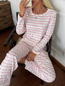 CottageSlumber Minimalist Casual Ribbed Texture Heart Print Long Sleeve Long Pants Loungewear Set - Pink - View 7