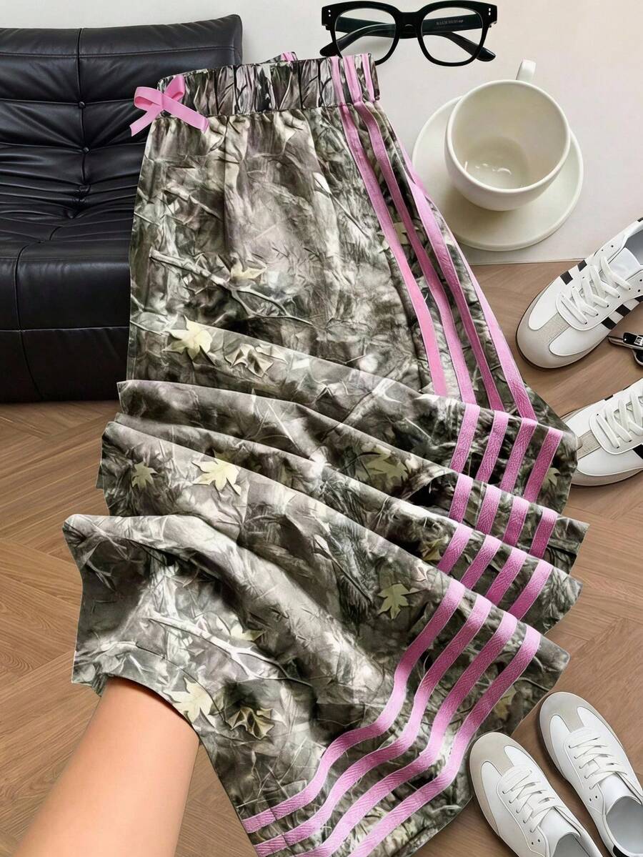 SHEIN Tween Girls High Waist Casual Fashion Street Sporty Full Print Contrast Striped Side Loose Wide Leg Pants, Fall, Back To School, Outfit - Multicolor - View 1