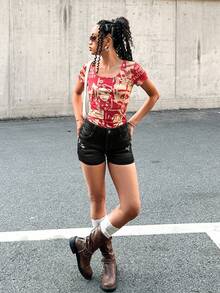 SHEIN Quần short denim cạp thấp rách gấu cuộn màu trơn giặt wash phong cách Y2K cho nữ teen, mặc mùa xuân hè, đi biển boho, concert, rave, lễ hội, dễ thương, lễ tốt nghiệp, kỳ nghỉ hè - màu đen - Xem 6
