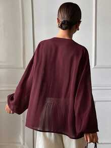 Livesso Petite Blus Wanita Elegan dengan Tali Pengikat dan Detail Kerut untuk Liburan dan Perjalanan Musim Gugur - Burgundy - View 2
