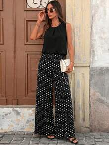 SHEIN Clasi Women's Summer Casual Solid Color Tank Top & Polka Dot Print Wide Leg Pants 2 Pieces Set - Black - View 5