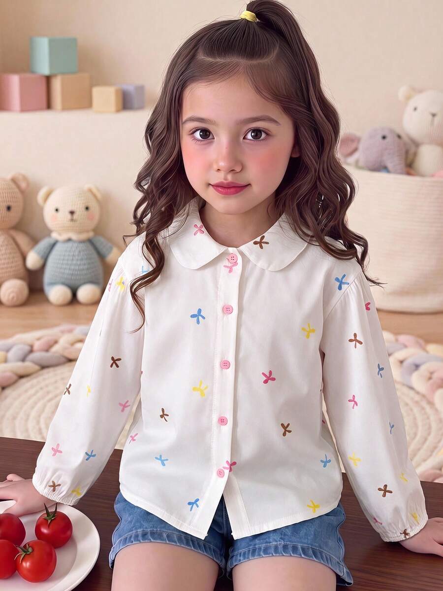 SHEIN Young Girl LMoss 女童寬鬆版型白色布洛克印花翻領休閒襯衫 - 白色 - 查看 1