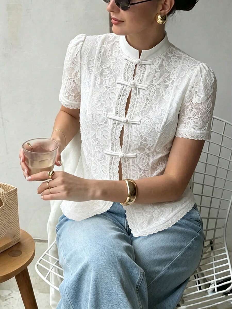 SHEIN PariChic Women's French Elegant Lace Short Sleeve Blouse, All-Season Versatile Stand Collar Frog Button Top, Slightly Sheer Crochet Lace Fabric, Slim Fit Cropped Hem, Vintage Style Design; Suitable For Office Commute, Daily Wear, Casual Outings And Weekend Outfits, Easily Paired With Jeans, Casual Pants And Skirts - White - View 1