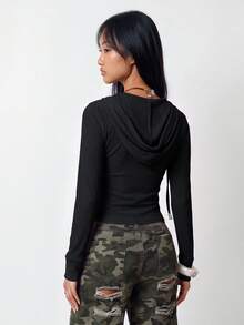 INAWLY Chaqueta con capucha de manga larga con cremallera y bolsillo delantero de unicolor para mujer, otoño - Negro - Ver 2