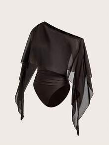 Opulessa Bodysuit Wanita Warna Polos dengan Desain Asimetris dan Detail Kerut, Modis dan Elegan - Coklat - View 4
