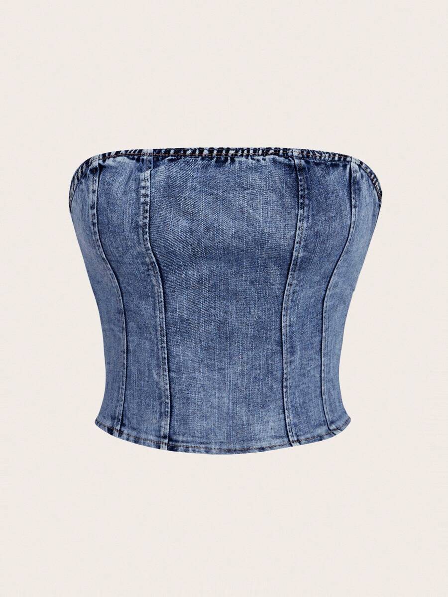 SHEIN MOD 女款修身百搭日常穿搭抹胸牛仔上衣 - 深色水洗藍 - 查看 1