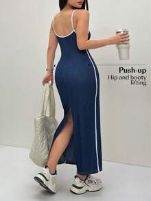 Flexra Plus Size Women's Colorblock Split Hem Fitted Spaghetti Strap Denim Dress - Blue - View 2