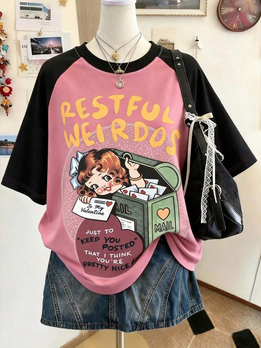 Collagica Collagica 女款大尺碼外套上衣,拼色落肩袖T恤,經典黑粉拼色,字母與愛心印花,夏季出遊上衣,圖案設計,高級質感,休閒百搭,日常穿著,戶外、購物、旅行戶外穿搭 - 彩色 - 查看 1