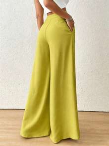SHEIN Raffinéa Women's Solid Color Wide Leg Casual Vacation Pants - Yellow - View 2