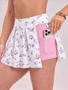 Easithlete Easithlete Elastic Comfortable High-Waist Design Sports Skirt, Detachable A-Line Ditsy Floral Hem, With Phone Pocket - Multicolor - View 1