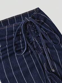 SHEIN PETITE Rok Denim Kasual Wanita Gaya Y2K 70-an Warna Biru Tua dan Putih dengan Tali Pengikat di Bagian Bawah dan Rumbai, Cocok untuk Acara Santai, Liburan, dan Musim Gugur. - Dark Wash - View 3