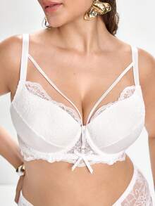 Slumbrini Solid Color Lace Comfortable Daily Underwire Molded Cup Support Fabric Patchwork Plus Size Lingerie Set Summer White Lingerie - White - View 6