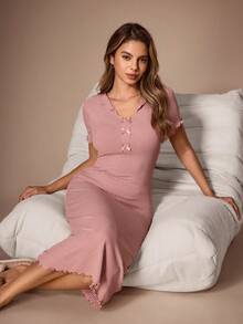 Lazeform Women's Home Dress, Fashionable & Comfortable Bow Decor, Wearable Sleepwear - Pink - View 7