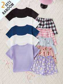 Randomly Ships 2 Of 5 Sets Girls Cute Capybara Heart Print Short Sleeve Shorts Pajama Set Back-To-School Prom Holiday Purple Floral White And Pink - Multicolor - View 4