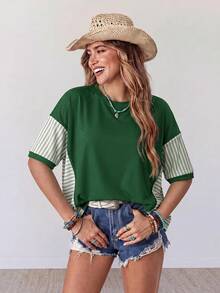 Wildy American Casual Boho Western Country Green And White Striped Patchwork Women's Spring/Summer Daily Vacation Basic Outfit Loose Top T-Shirt For Outing - Green - View 4