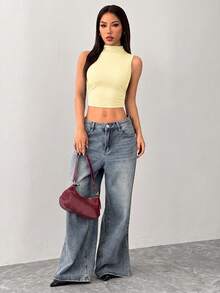 SHEIN PETITE Camiseta sin mangas con cuello alto y fruncido en color negro - Amarillo claro - Ver 7