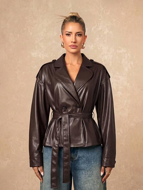 Lumalex Dark Brown Oversized Lapels Long Sleeves PU Wrap Jacket Elegant Casual Raglan Sleeve Lapel Tie-Up Waist Cinched Coat For Road Trip,Dates,Vacation