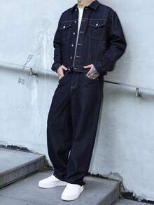 Manfinity EMRG 男士海軍藍牛仔兩件套，休閒夾克與寬鬆闊腿長褲，春秋街頭風，男友與丈夫穿著的工裝夾克城市度假兩件套 - 深色水洗藍 - 查看 7