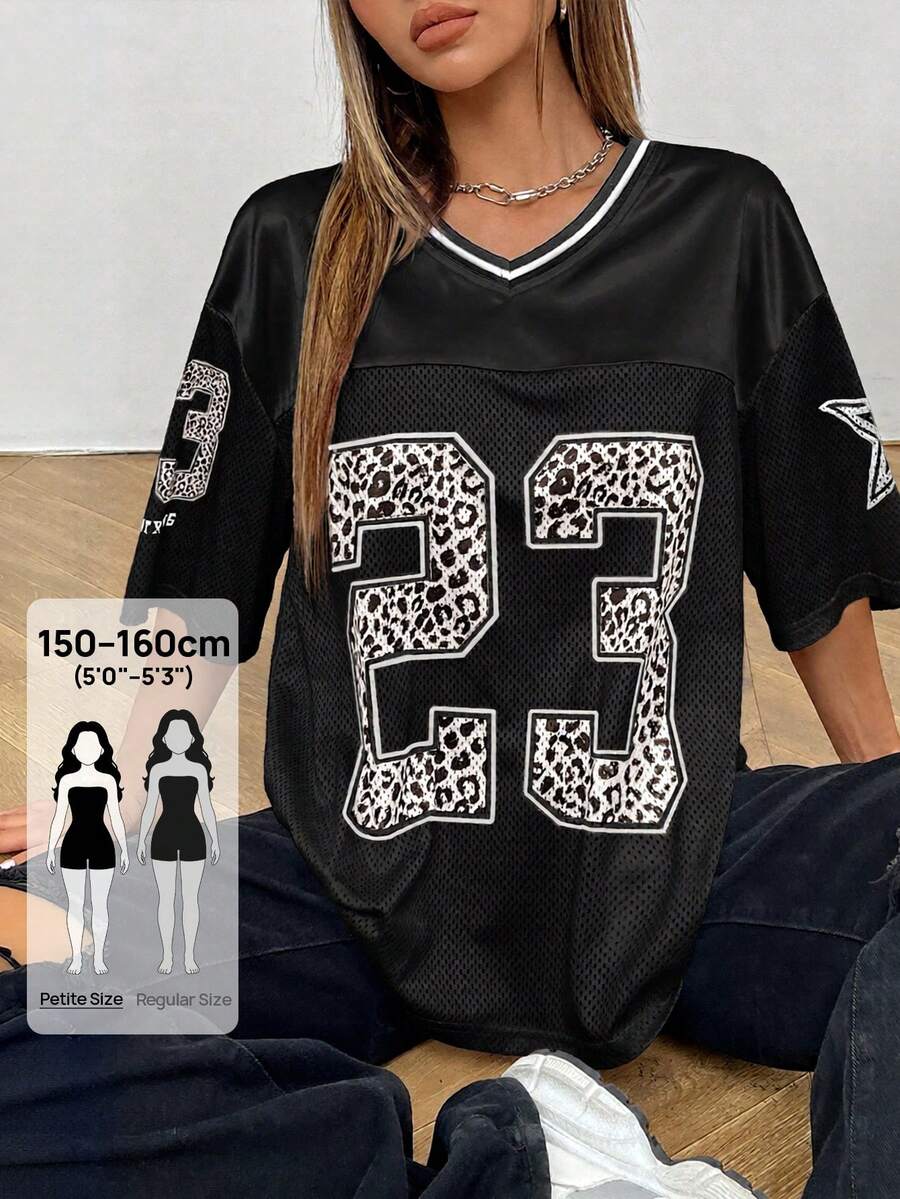SHEIN PETITE Pink Mesh Women's Printed T-Shirt Jersey Street Girl,Petite Women - Black - View 1