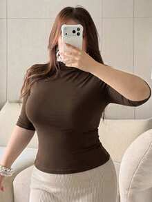Dazy Plus Solid Color Elastic Fitted Casual Blogger Style Mock Neck 5-Sleeve Base Layer Plus Size Women Spring Summer Autumn Pullover Brown T-Shirt - Brown - View 5