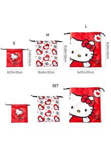 HELLO KITTY AND FRIENDS | SHEIN 緞面卡通貓抽繩收納袋 3 種尺寸，可單獨購買或成套購買，適用旅行配件收納 - 黑白紅 - 查看 6