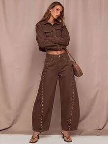 SHEIN BAE Women's Beaded Decor Curved Leg Jeans - Brown - View 6