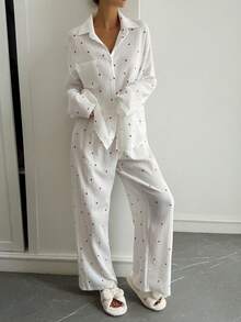 Livesso Petite Women's Heart Pattern Long Sleeve Single-Breasted Top And Pants Casual 2 Pieces Set Fall - White - View 3