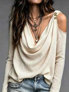 SHEIN Holidaya Elegant Boho Loose Open Shoulder Draped Collar Blouse Metal Button Decor, French Vacation Travel Long Sleeve Women's Shirt Going Out Beige Summer - Apricot - View 3