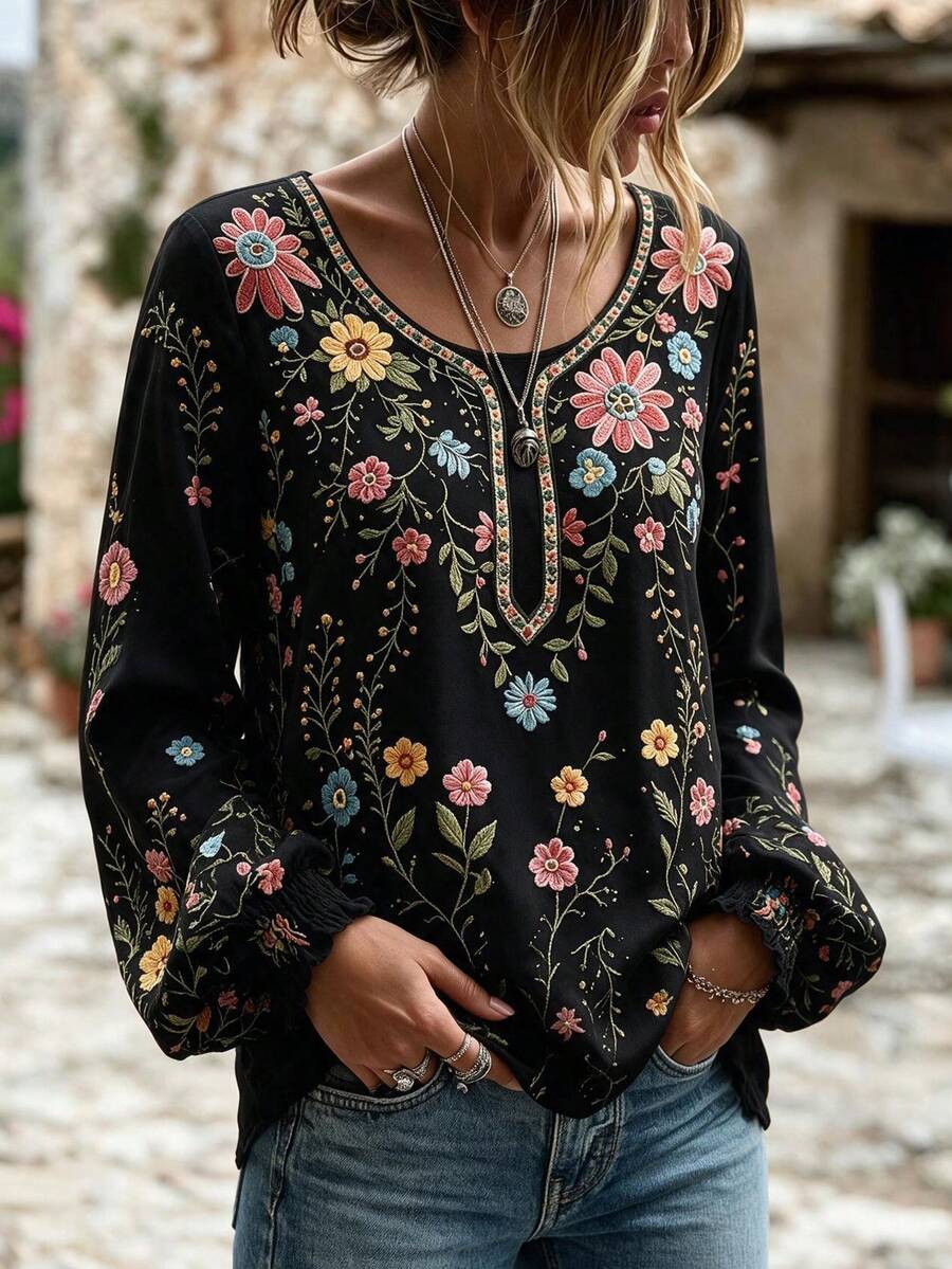 Selamara Floral Print Lantern Sleeve Casual Loose Fit Top - Black - View 1